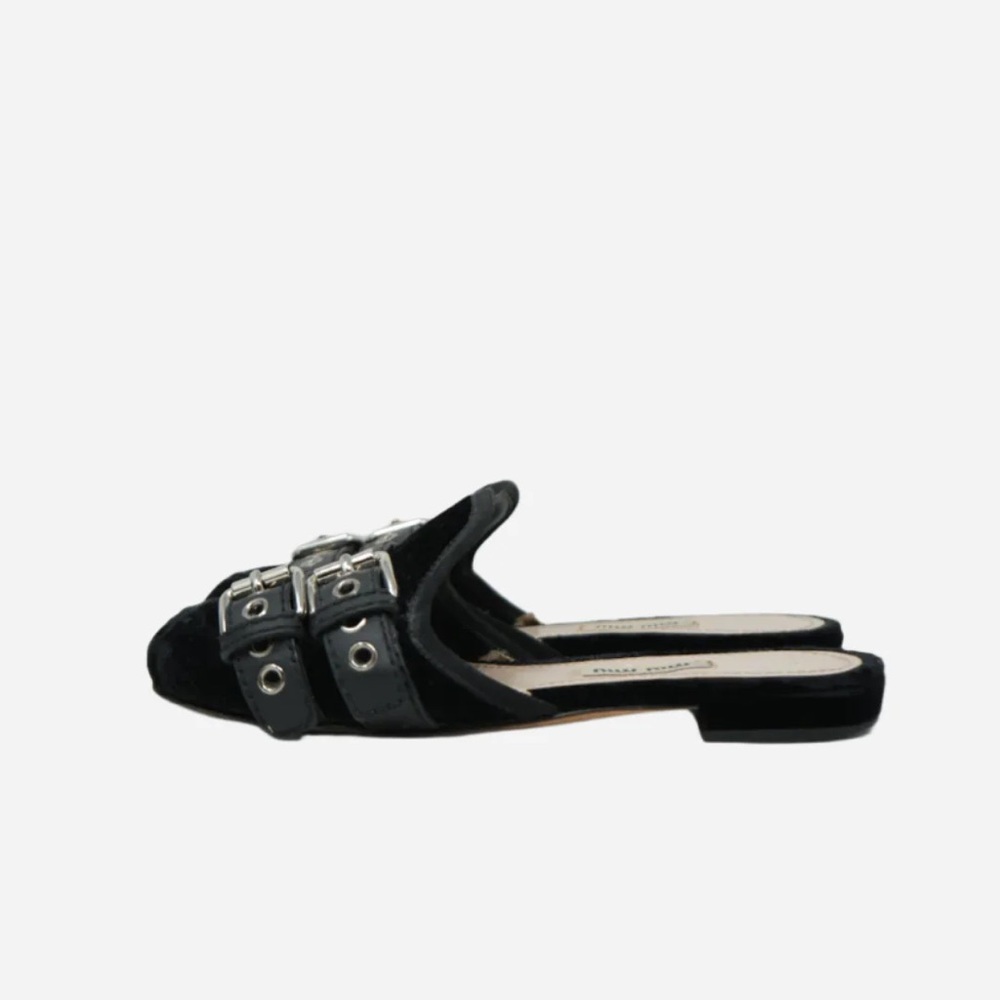 Miu Miu Black Velvet Lace Up Strap Ballet Mules